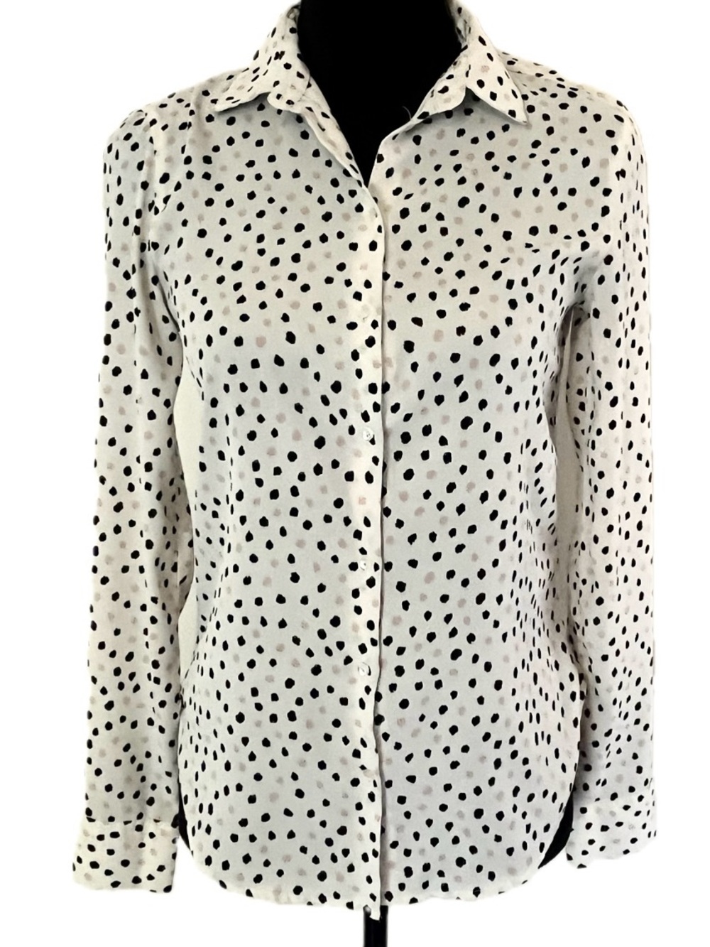 H&M Pink & Black Polka Dot Semi-sheer Button Down Blouse Top Size 2